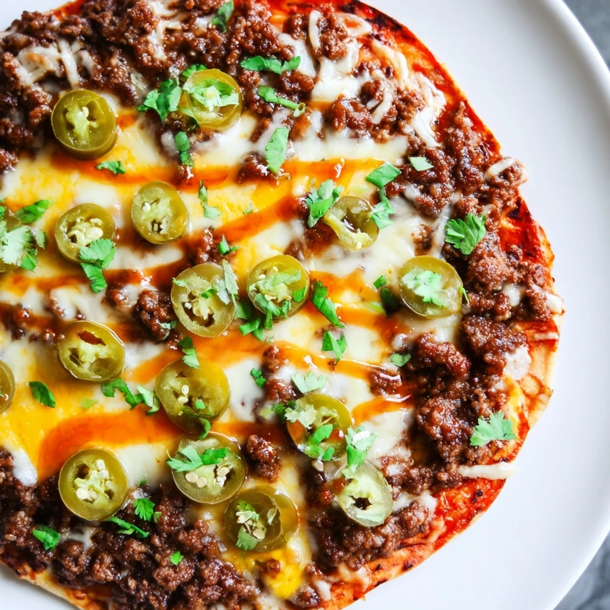 A close-up of a Spicy Ground Beef Pizza Base, overflowing with melted cheese and beef.