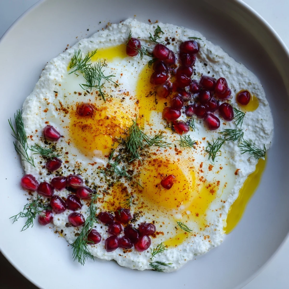 Delicious and colorful Çılbır: poached eggs on garlicky yogurt, sprinkled with sumac and fresh pomegranate.