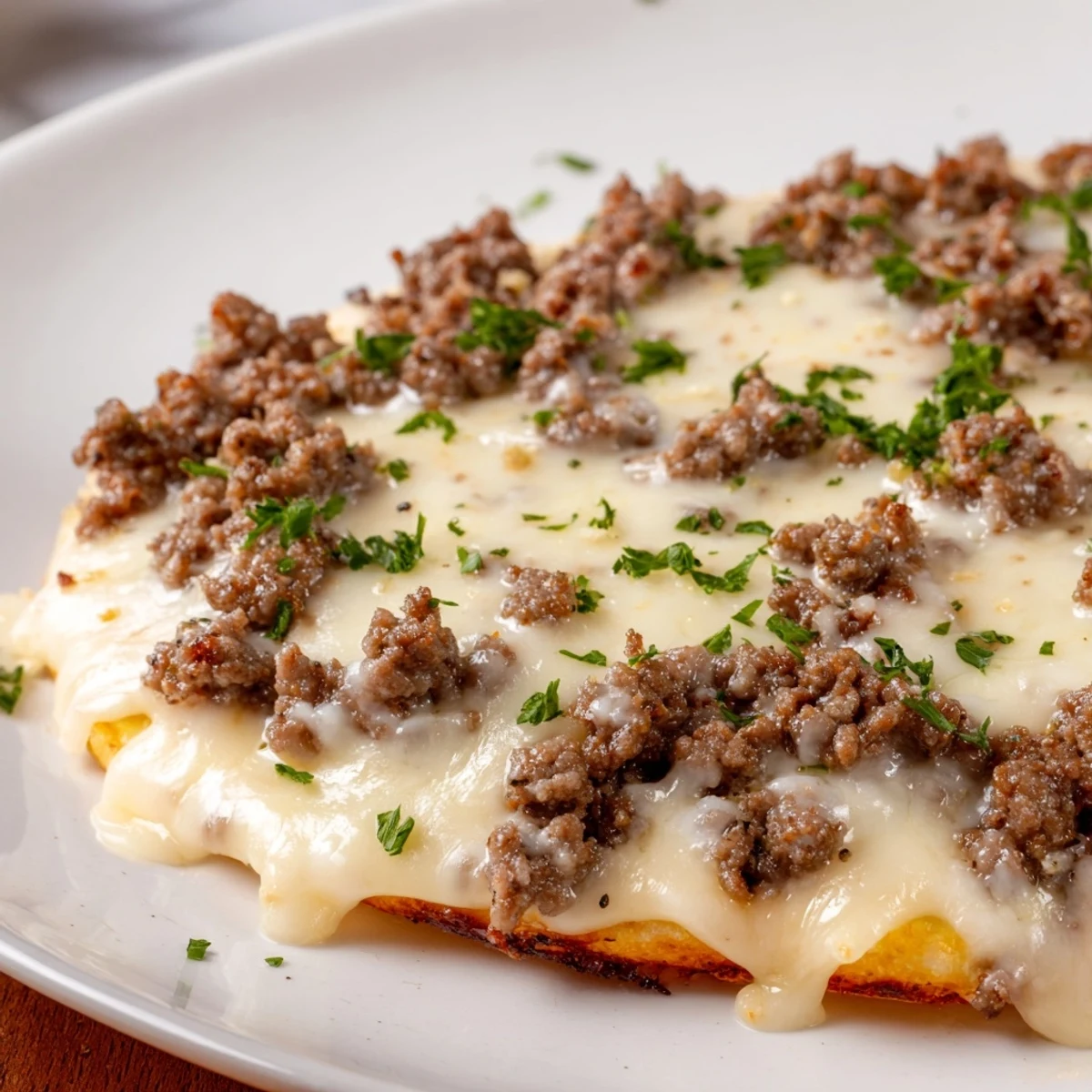 This Ground Beef Alfredo Pizza shows a close-up of savory ground beef and creamy Alfredo atop a baked pizza.
