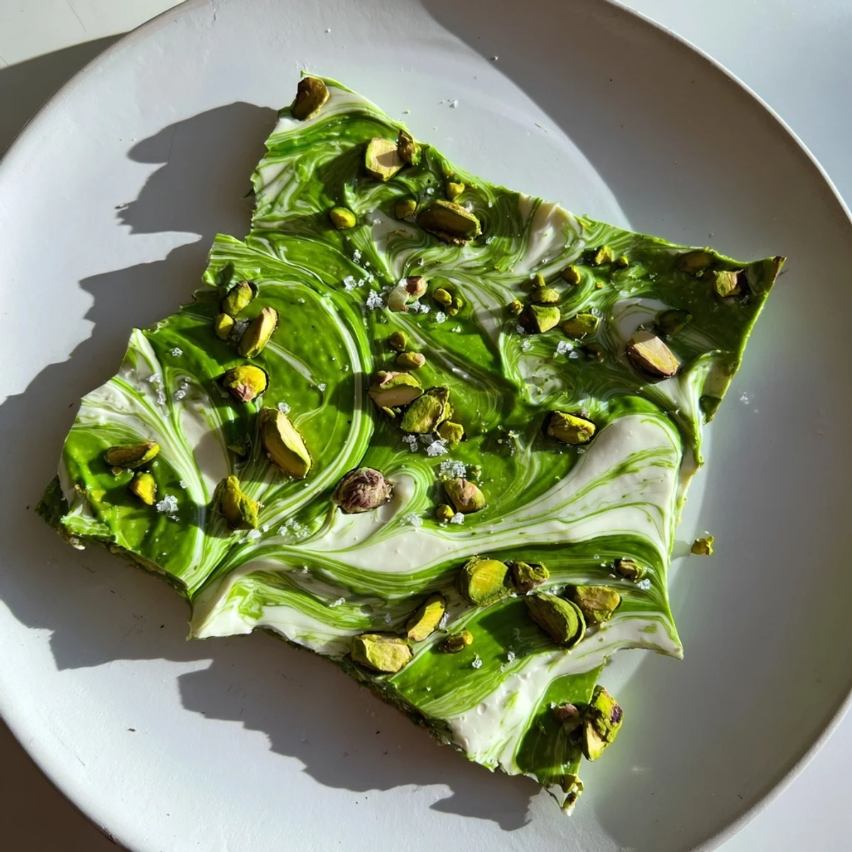 Vibrant green matcha swirls mix in white chocolate for this Pistachio Matcha White Chocolate dessert.