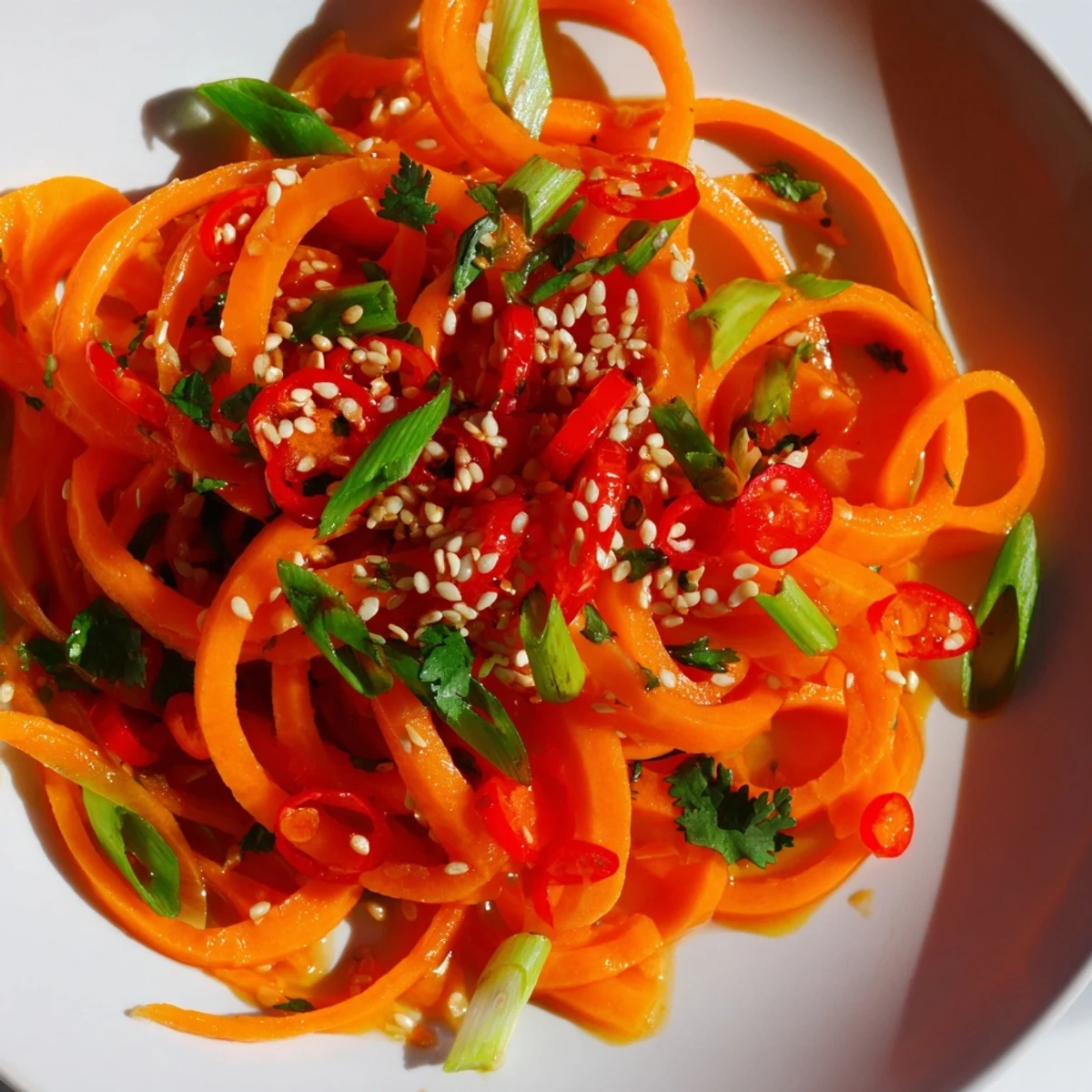 Fresh carrot ribbons are tossed in a savory soy-sesame dressing in this vibrant Asian-Style Carrot Ribbon Salad, topped with toasted sesame seeds.