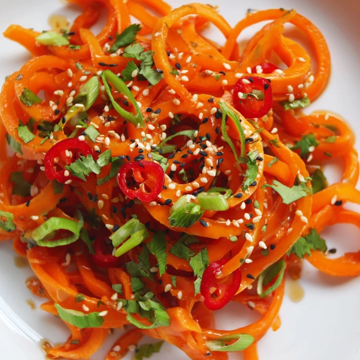 This crunchy vegan Carrot Ribbon Salad Asian-Style is garnished with toasted sesame seeds and sliced chili, perfect next to grilled tofu or chicken.