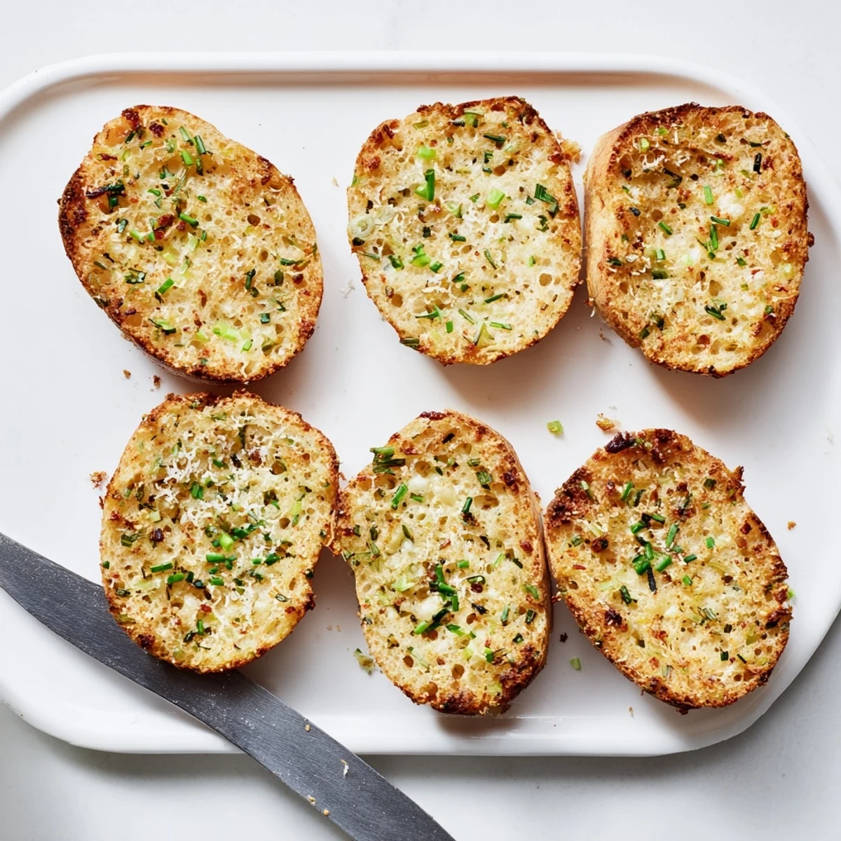 Freshly baked golden cloud bread savory toast topped with chopped chives and parsley, perfect for dipping in creamy tomato soup.