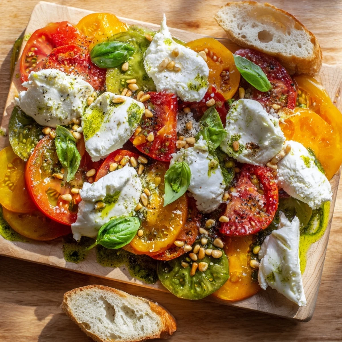 Colorful heirloom tomatoes and creamy burrata on a rustic board, drizzled with fragrant basil oil for a fresh Mediterranean appetizer.  