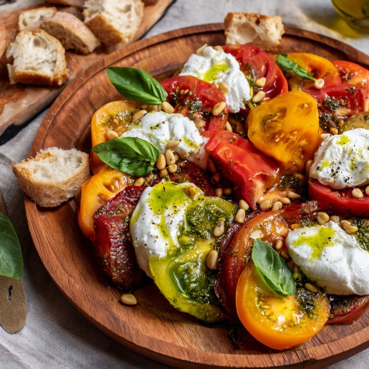 Overhead view of an easy heirloom tomato salad with basil oil, flaky sea salt, and black pepper, perfect for summer gatherings.
