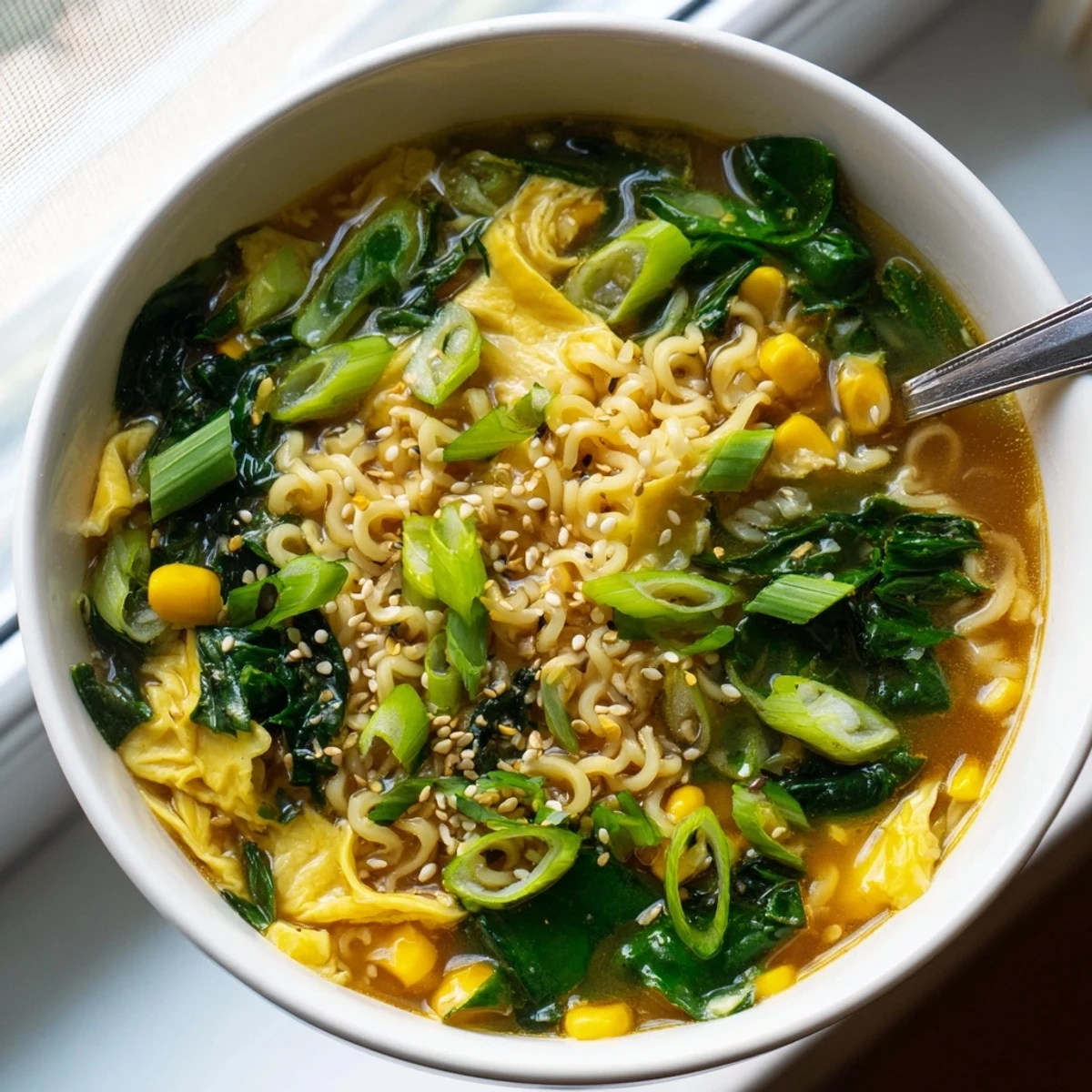 Creamy Elevated Ramen Egg Drop Soup swirls with tender noodles, silky egg ribbons, and sweet corn in a savory broth.