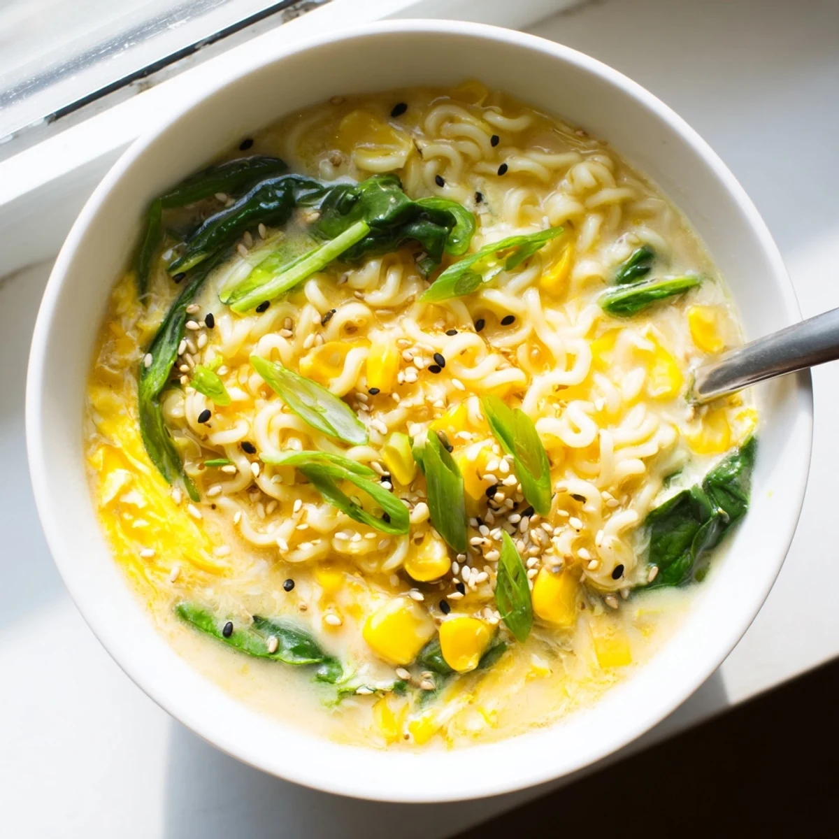Quick Elevated Ramen Egg Drop Soup garnished with fresh spinach, a sprinkle of pepper, and vibrant green onions.