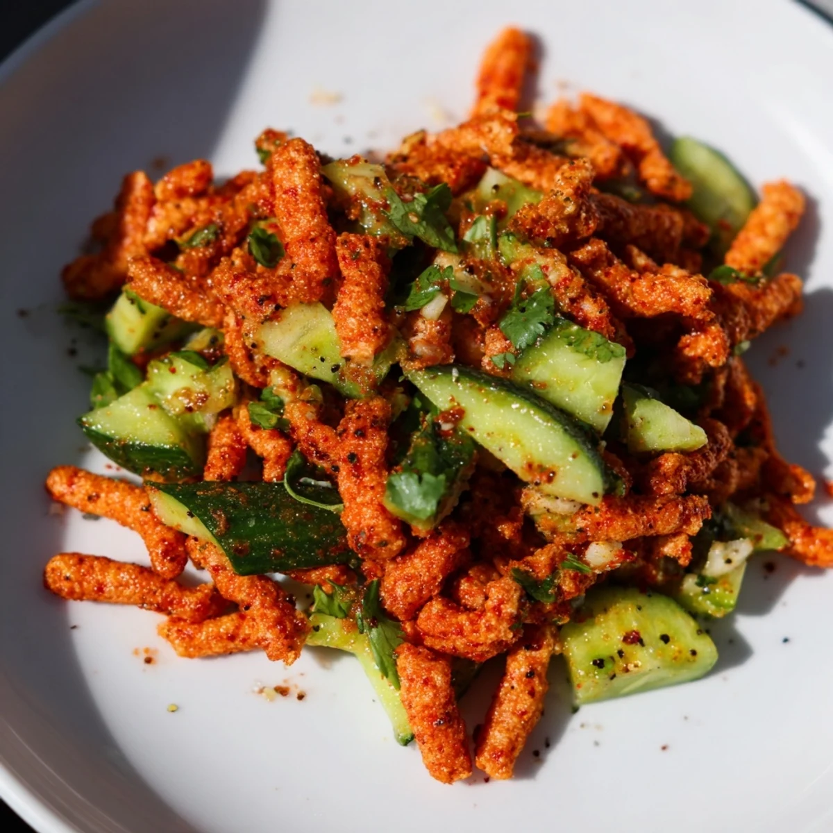 Flamin Hot Cheeto Salad tossed with crisp cucumber chunks and chopped cilantro, ready for a quick vegetarian snack or party side.