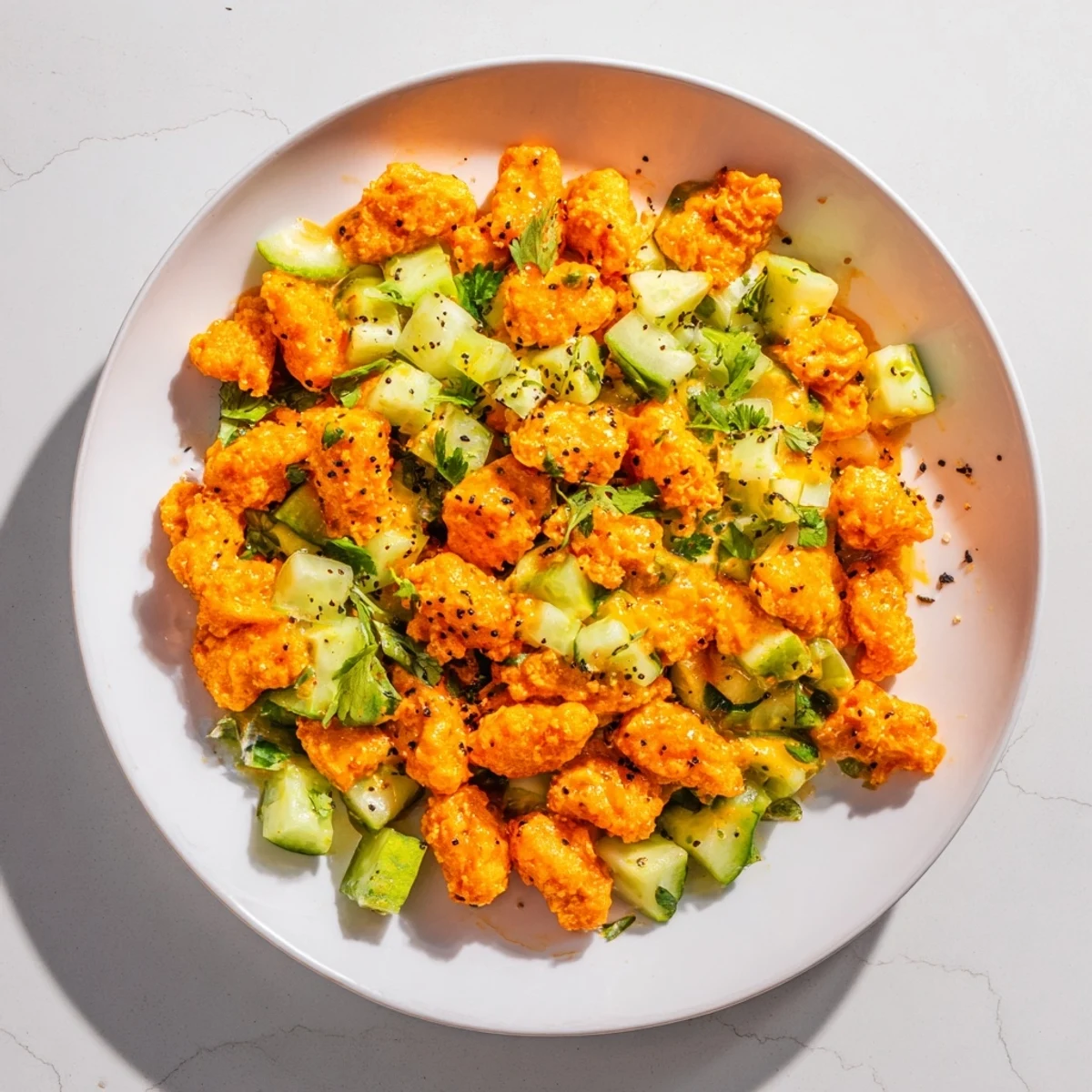 Zesty Flamin Hot Cheeto Salad plated with lime-hot sauce dressing, delivering bold crunch and spicy flavor for an addictive treat.