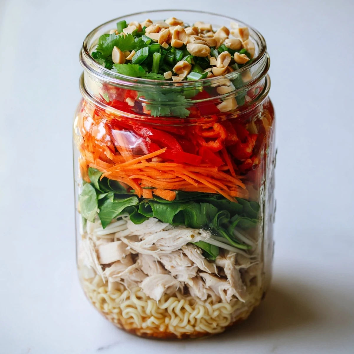 Vibrant layers of colorful vegetables and cooked noodles sit atop sauce in a clear mason jar, showcasing this fresh, portable Mason Jar Noodle Meal Prep.  