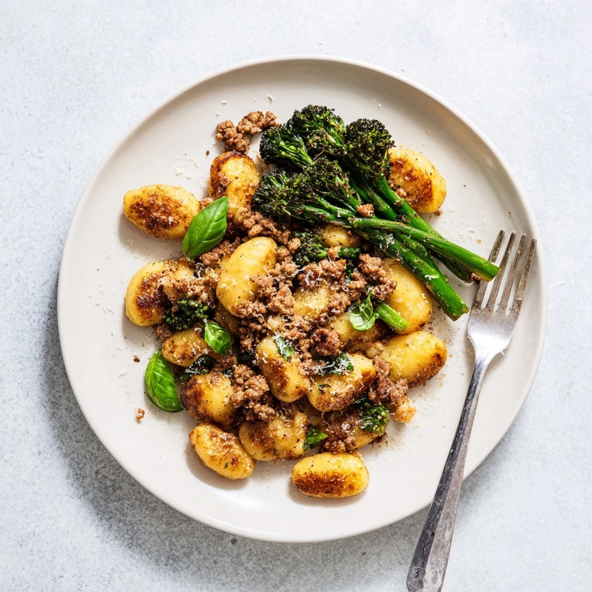 Roasted gnocchi and sausage with charred broccolini on a baking sheet, served hot as a comforting one-pan meal.