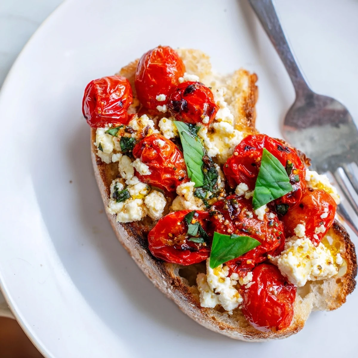 Golden Baked Feta Toast with roasted cherry tomatoes and fresh basil, served warm on crusty sourdough.  