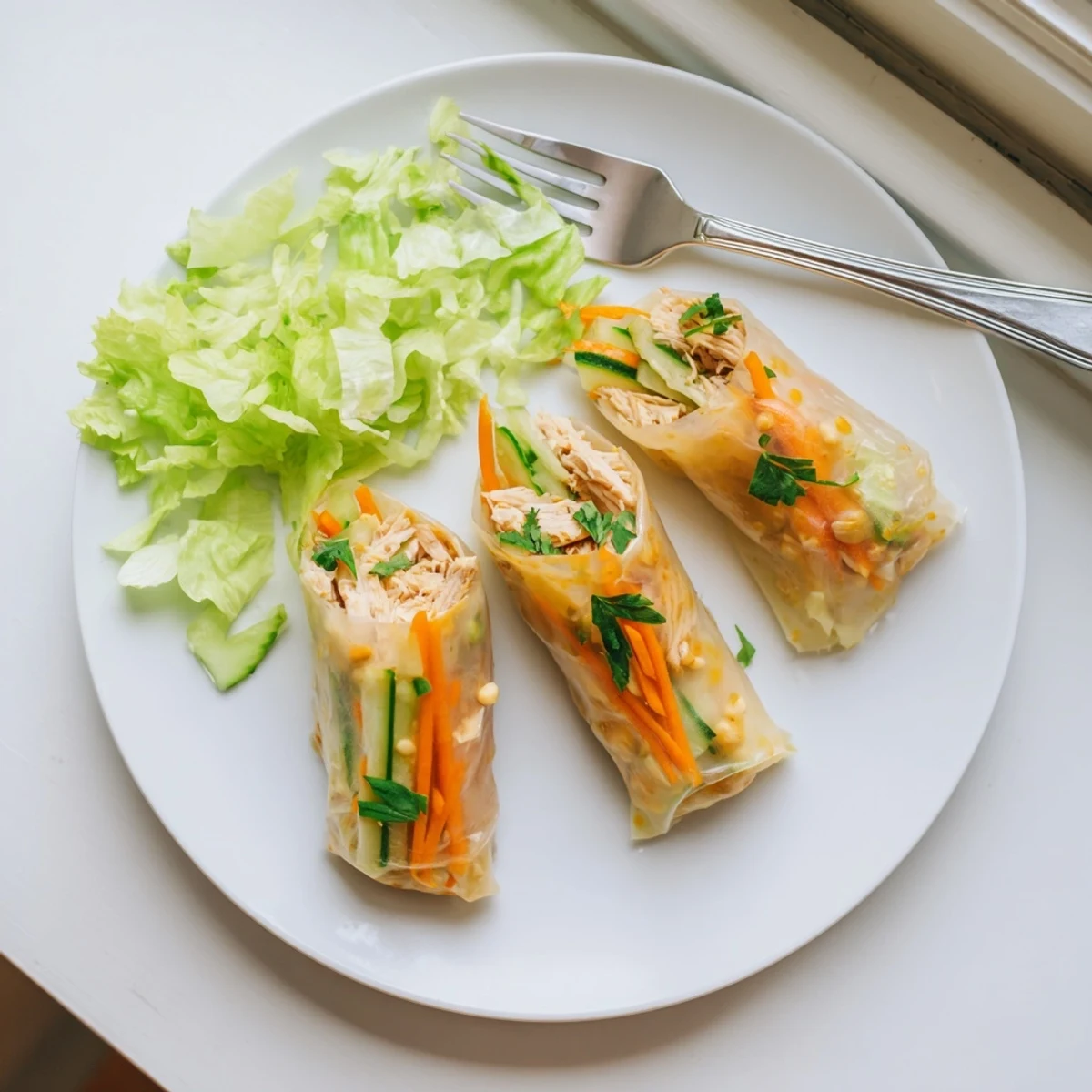 Fresh Garlicky Pulled Chicken Wraps displayed on a wooden board, showing shredded chicken and crisp veggies.