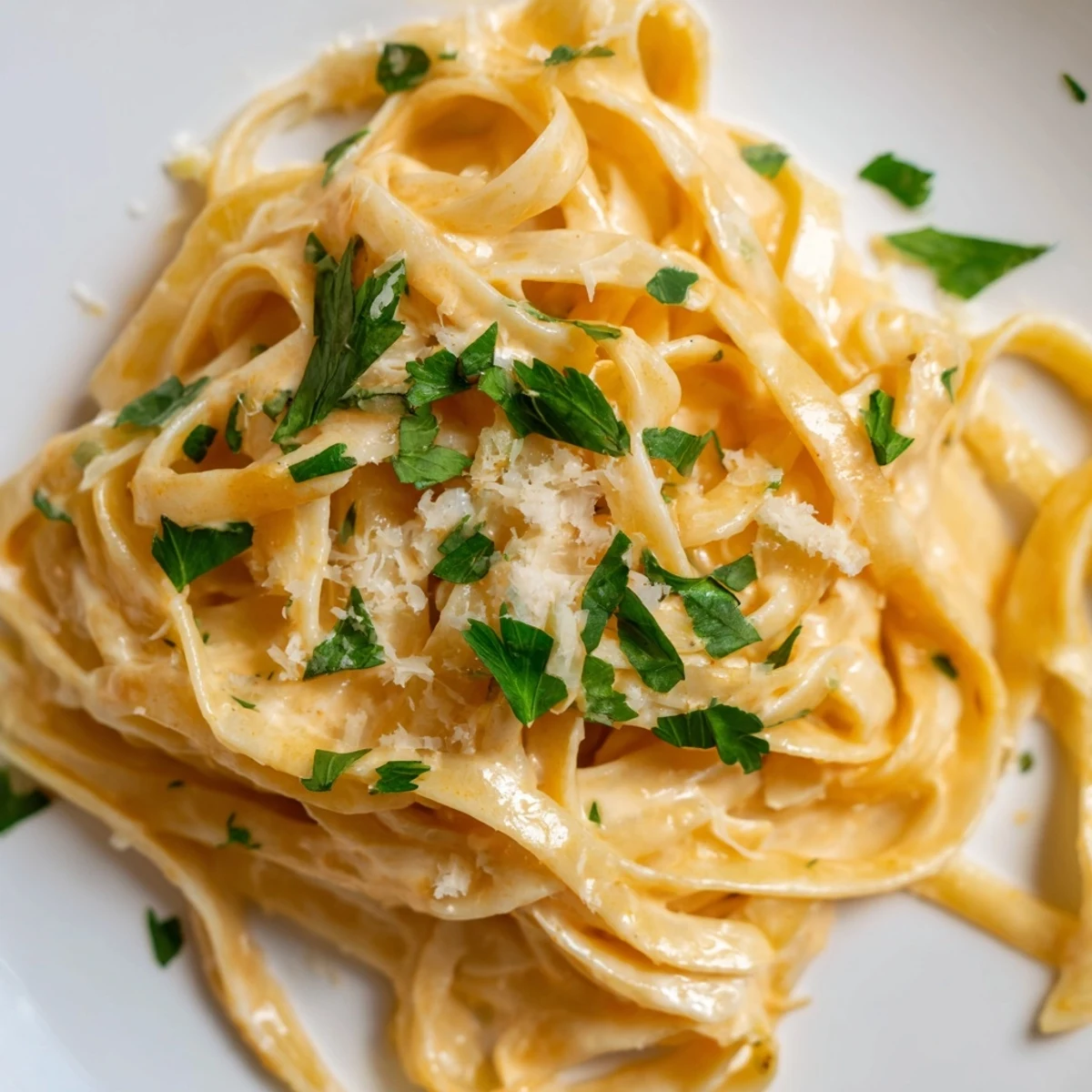 Creamy Sriracha Honey Pasta twirls in a rich, glossy sauce with fresh parsley garnish.  
