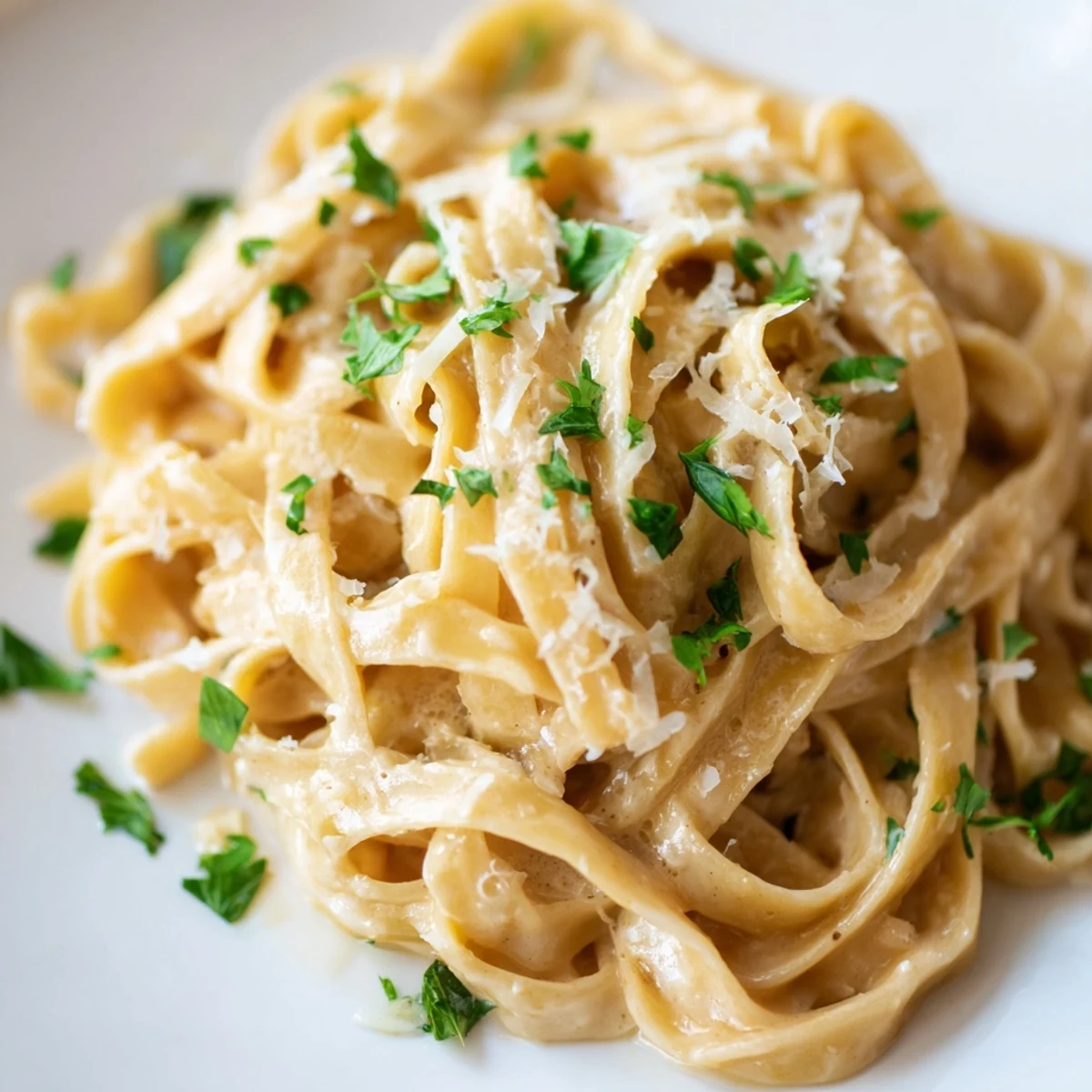 A close-up of Sriracha Honey Pasta topped with parmesan and red pepper flakes.  