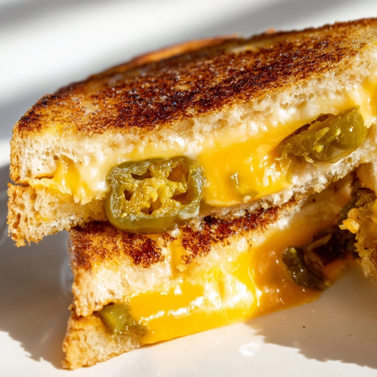 Golden, buttery sourdough slices encase gooey melted sharp cheddar and tangy pickled jalapeños, grilled to perfection for a spicy lunchtime treat.  