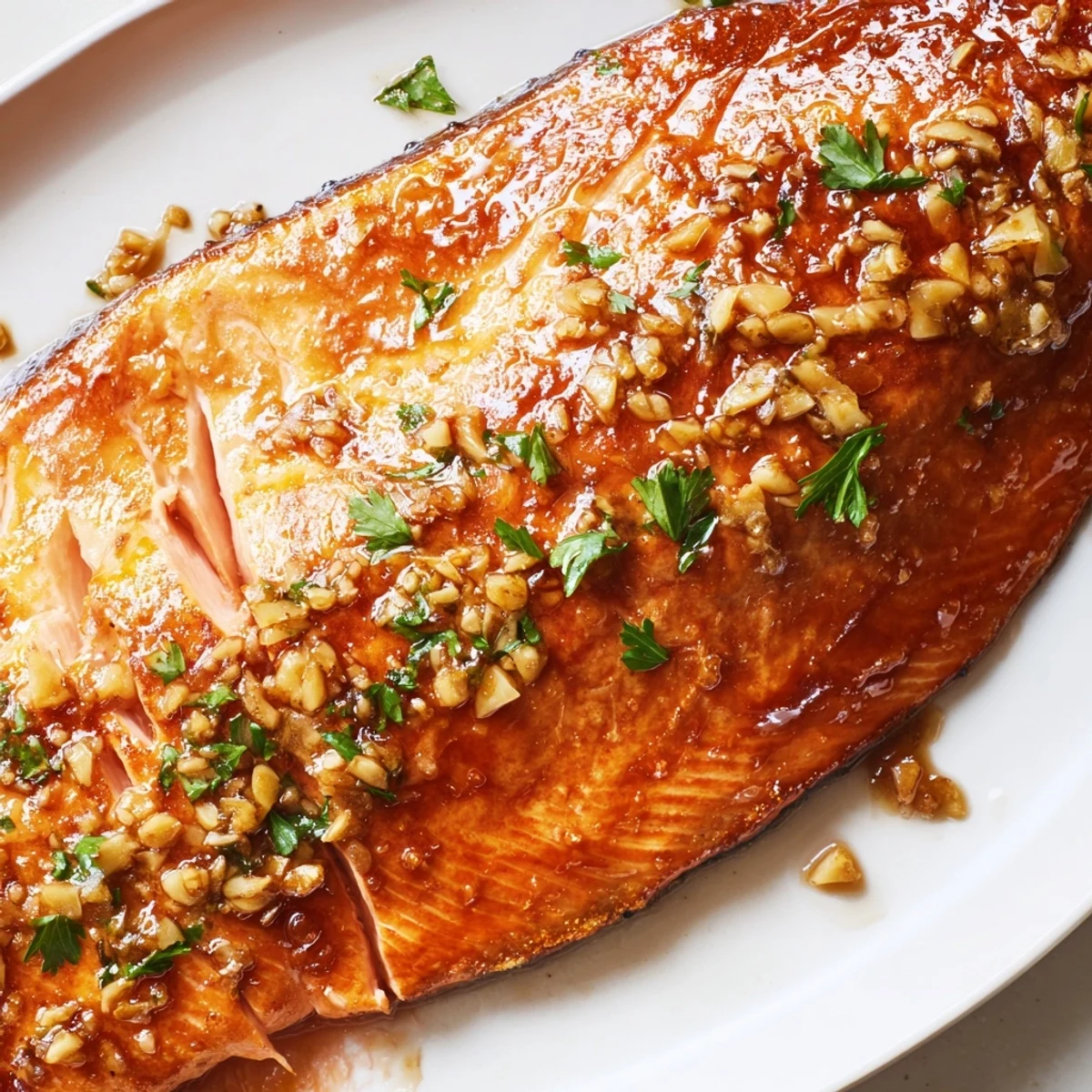 Roasted honey garlic glazed salmon with a sticky sweet glaze, paired with simple roasted vegetables for a complete meal.
