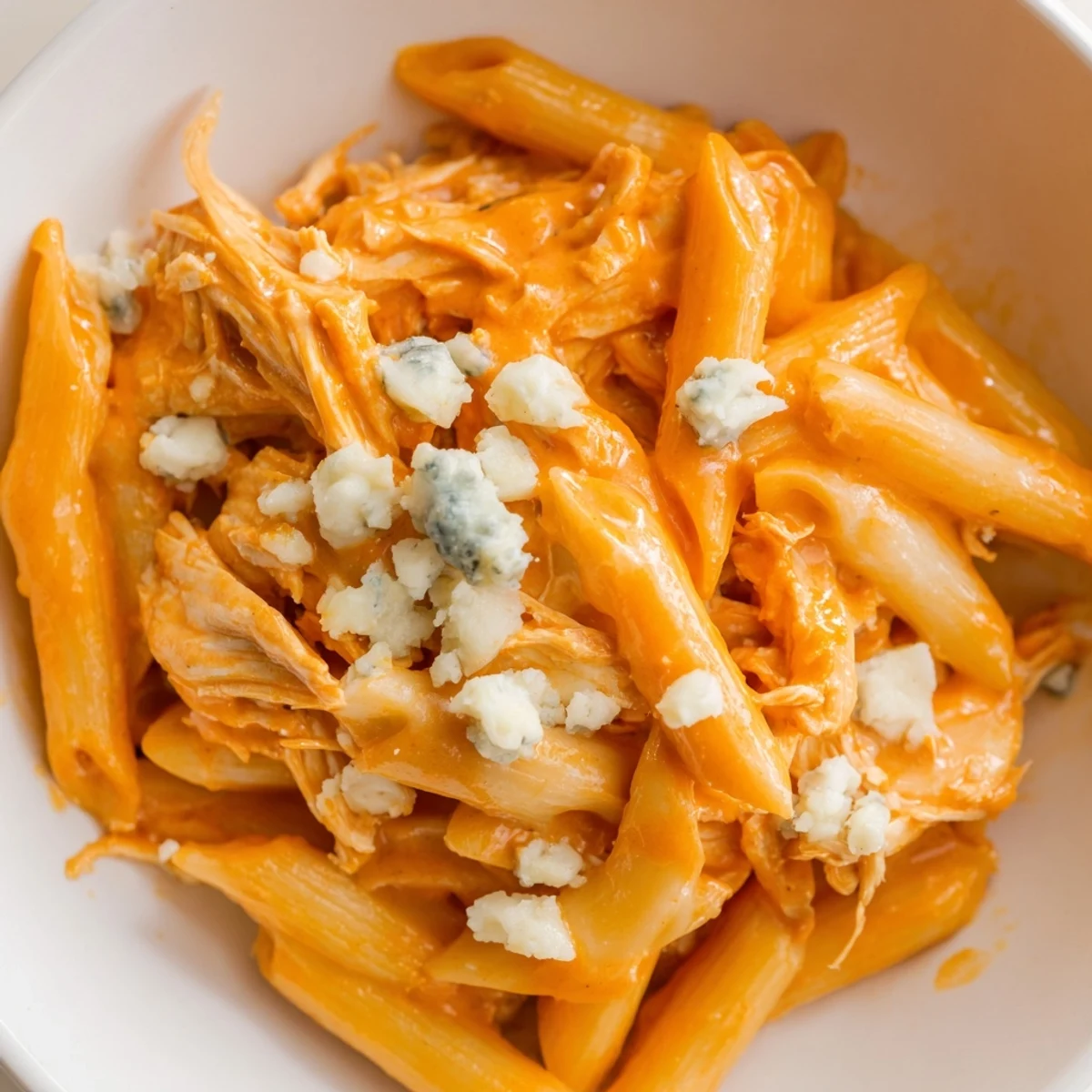 Buffalo Chicken Pasta with penne tossed in a creamy, spicy sauce and topped with crumbled blue cheese.