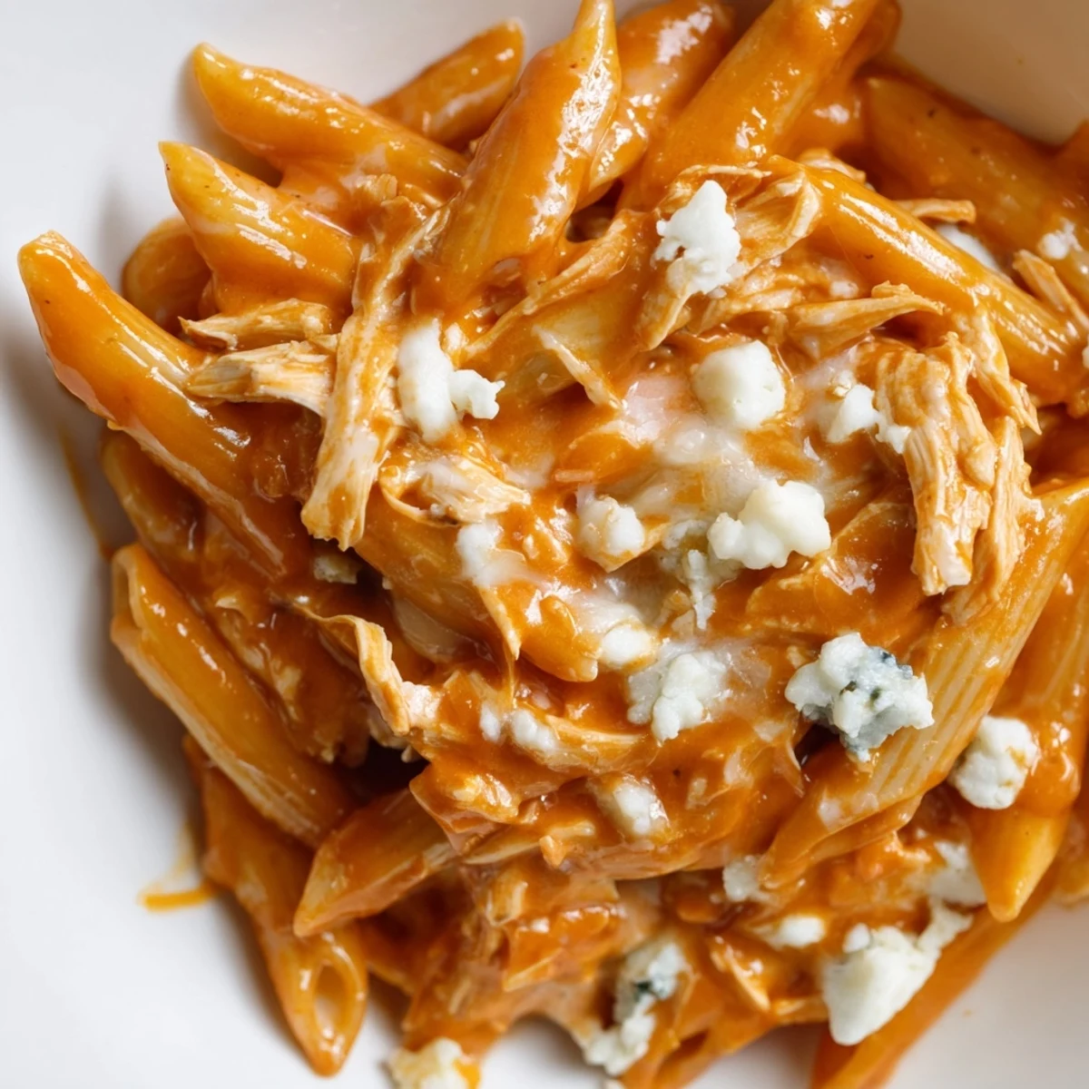 Spicy Buffalo Chicken Pasta featuring tender shredded chicken, melted mozzarella, and a drizzle of hot sauce.