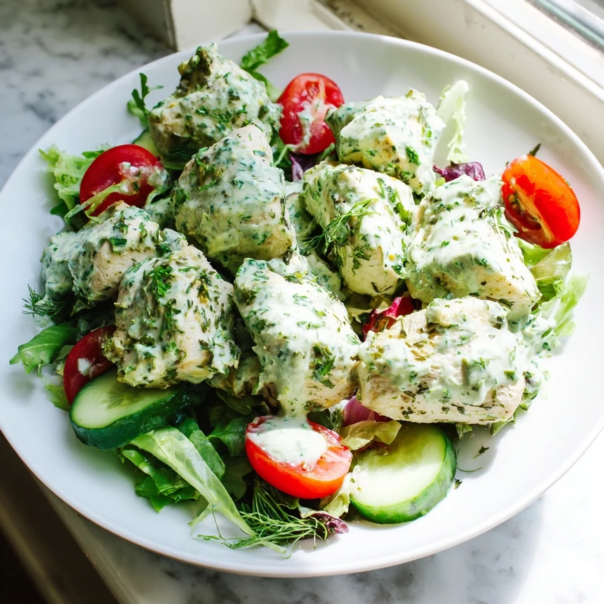 Close-up of Green Goddess Chicken Salad with glistening herb dressing, colorful vegetables, and succulent chicken pieces ready to serve.