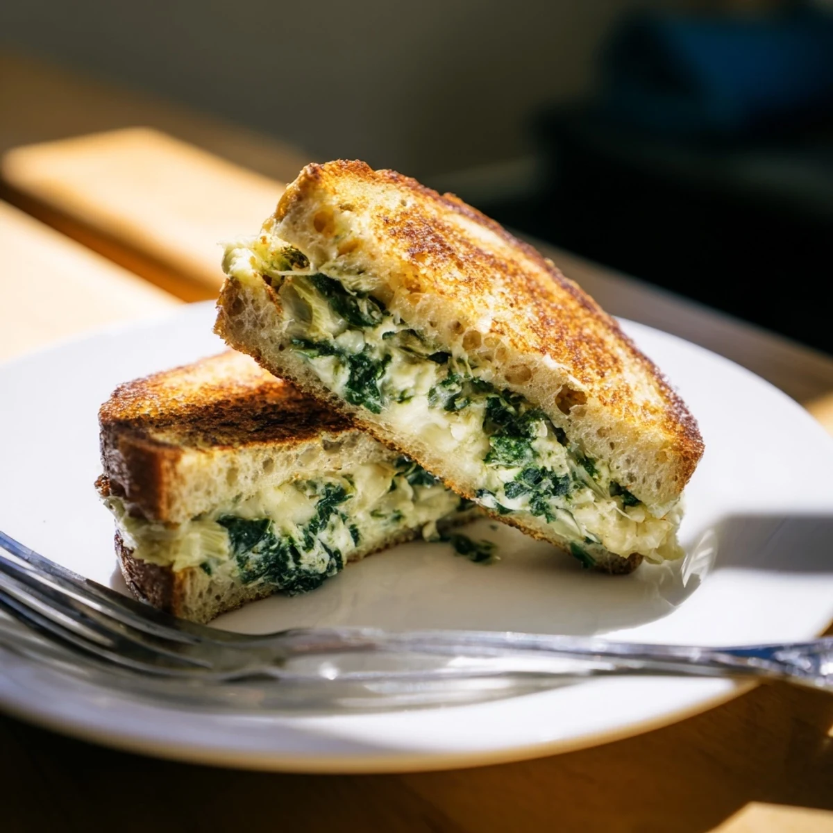 Serve this vegetarian spinach artichoke grilled cheese sandwich alongside a steaming bowl of tomato soup.