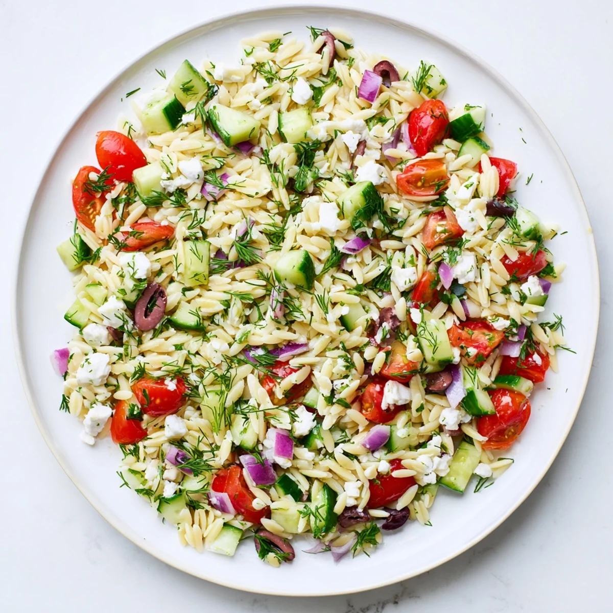 This refreshing Greek Orzo Salad is served chilled in a bowl, perfect for summer picnics and potlucks.