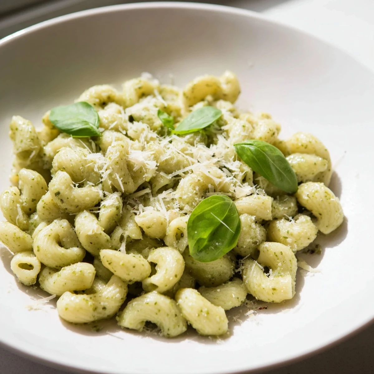Creamy Avocado Pesto Mac and cheese tossed with fresh basil, garlic, and olive oil, garnished with cracked pepper in a white bowl.