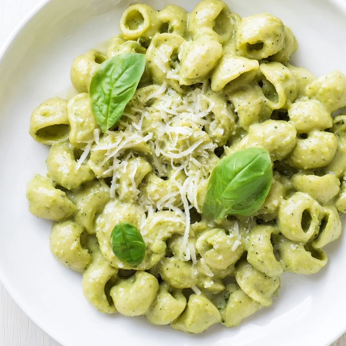 Creamy Avocado Pesto Mac plated with lemon wedges and ripe avocado, highlighting a vibrant green, silky sauce over tender macaroni.