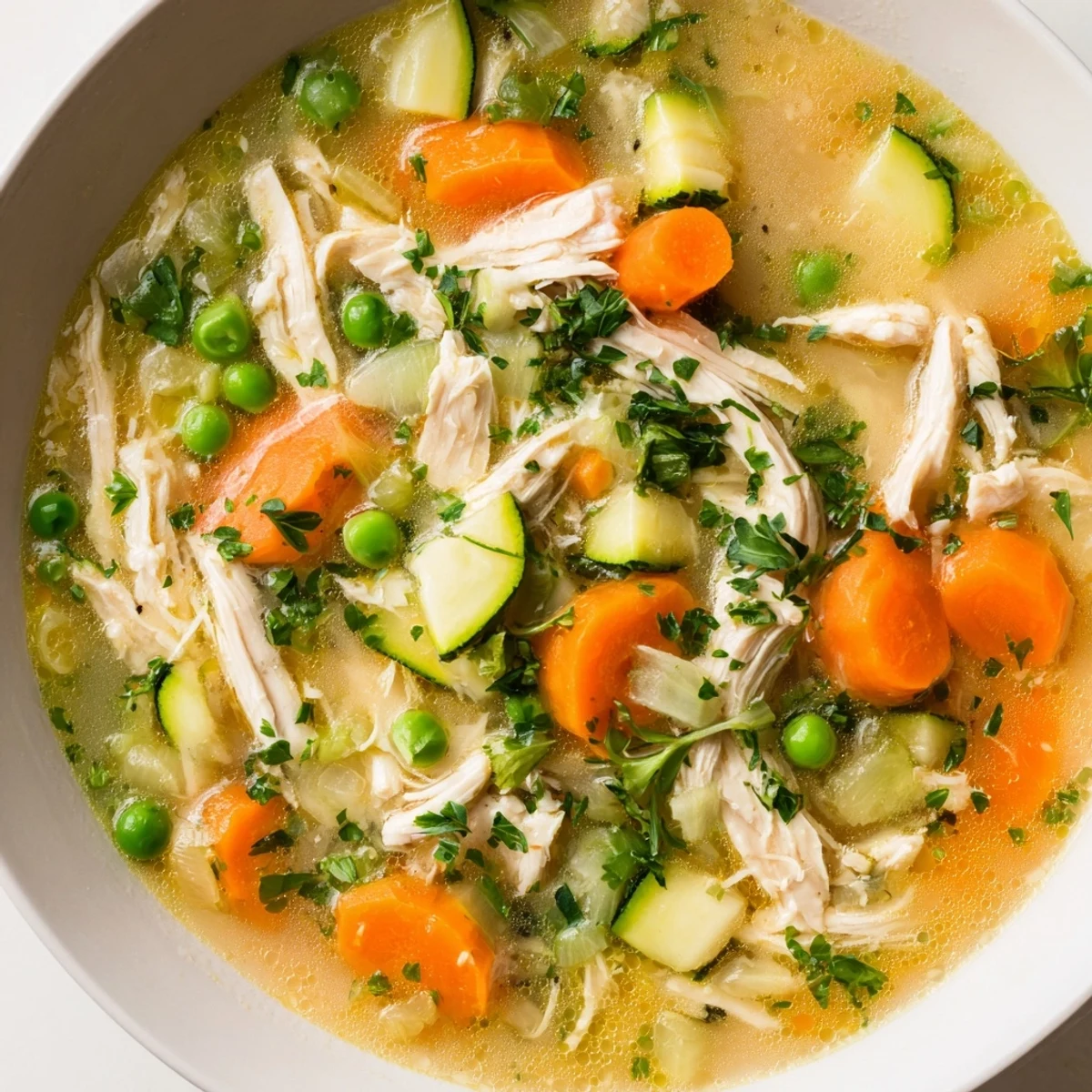 A steaming bowl of Spring Garden Chicken Soup garnished with fresh parsley, showcasing tender shredded chicken and vibrant peas and zucchini.