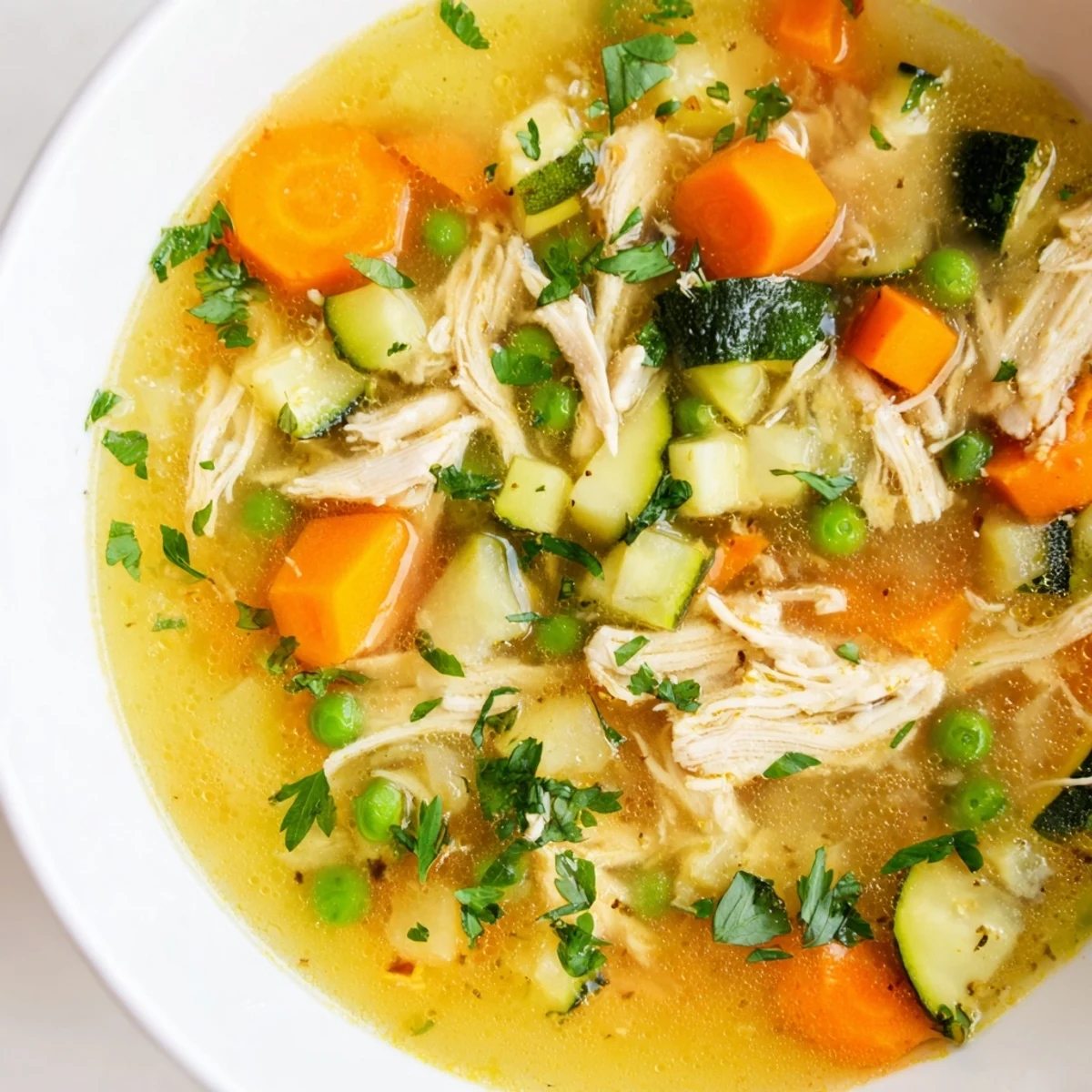 Colorful Spring Garden Chicken Soup simmering in a pot with chopped carrots, celery, and fresh herbs for a bright, savory flavor.