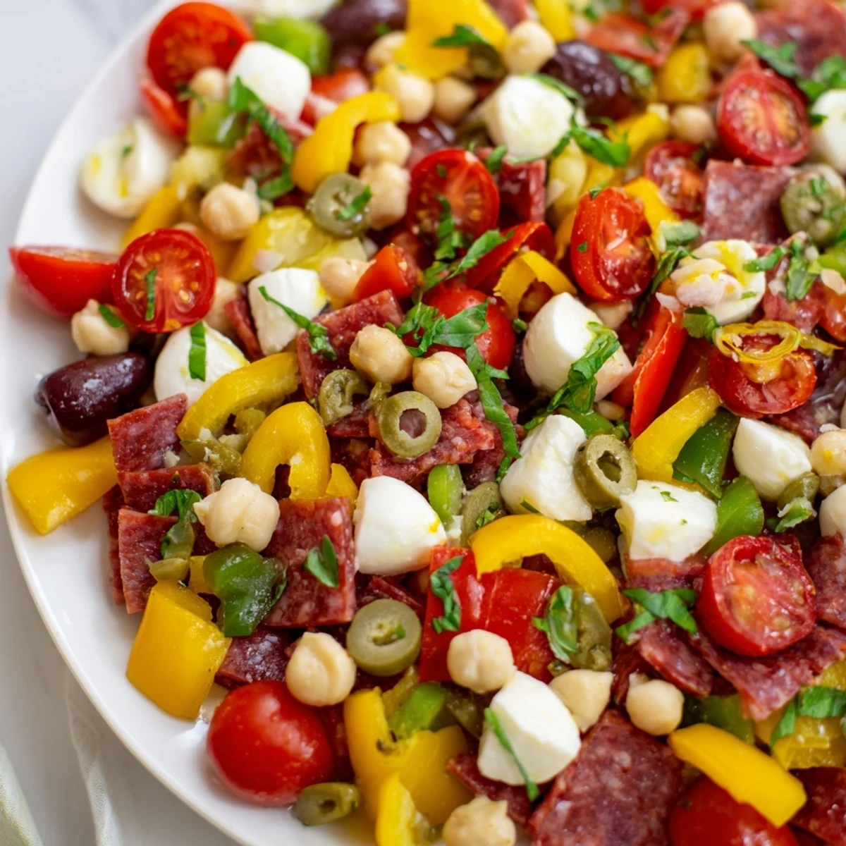 Close-up view of a delicious Crunchy Antipasto Chopped Salad with diced peppers and olives in Italian dressing.