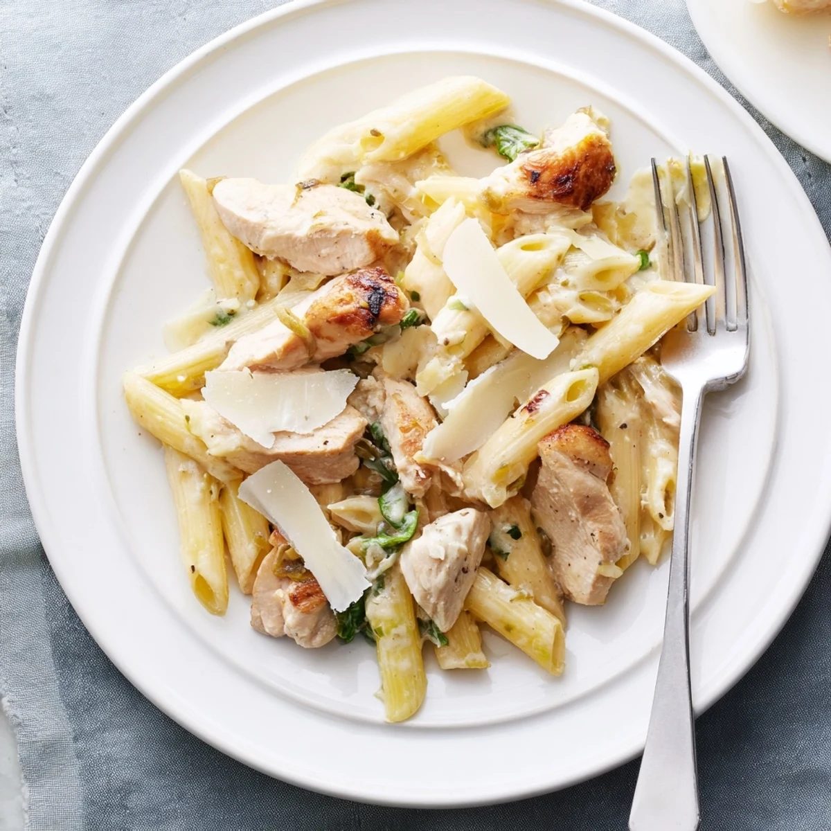 Roasted Garlic Chicken Penne is plated, featuring golden penne pasta coated in creamy sauce with tender roasted chicken slices and fresh parsley garnish.