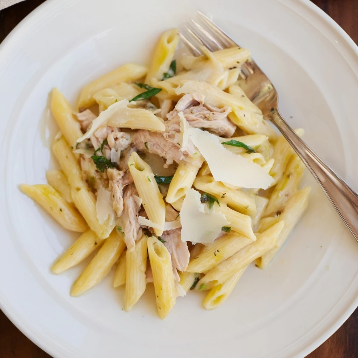 A close-up of Roasted Garlic Chicken Penne shows steaming pasta, juicy chicken pieces, and a rich, velvety roasted garlic cream sauce ready to serve.