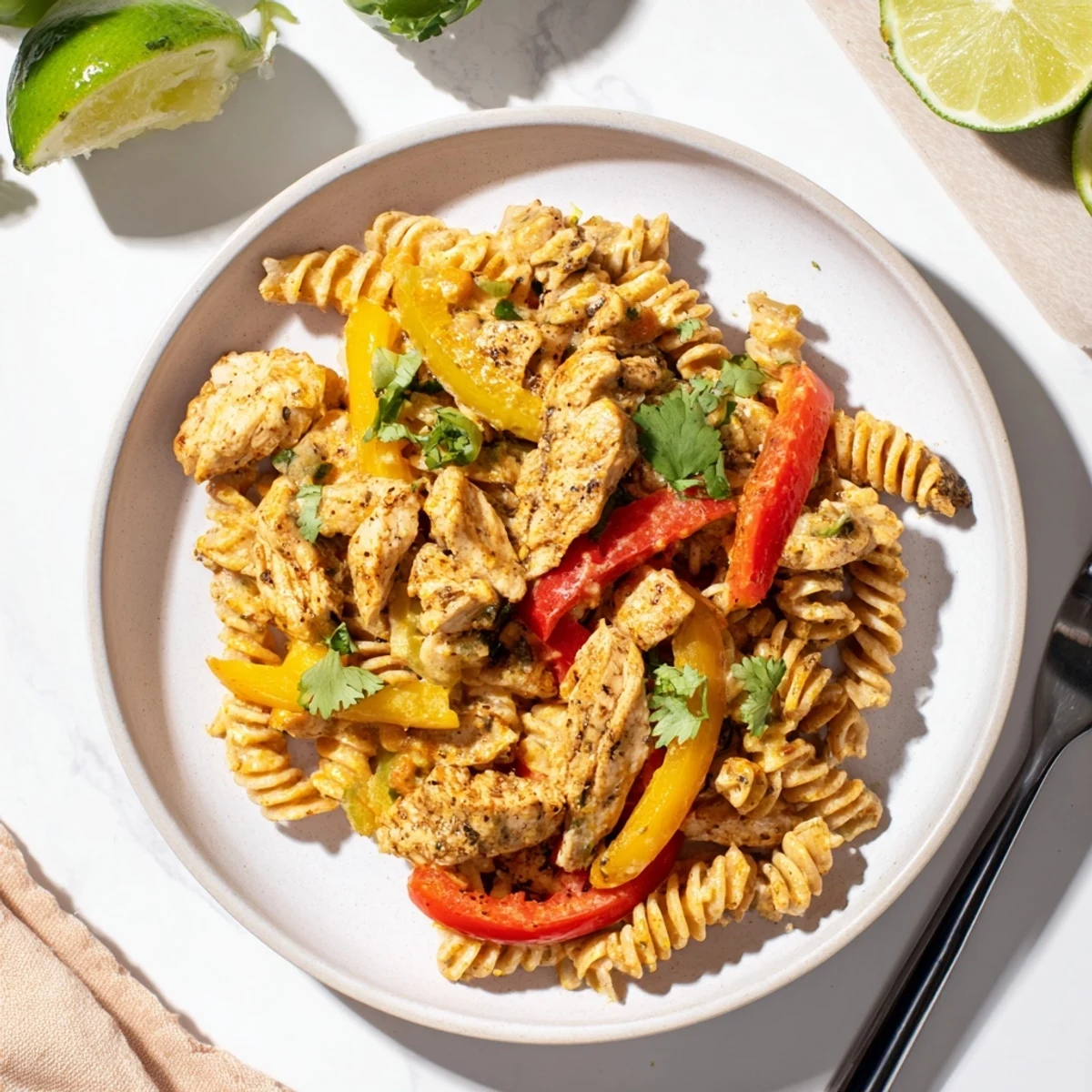 Sizzling Fajita Chicken Pasta Skillet served hot, garnished with cilantro and lime wedges for a vibrant dinner.