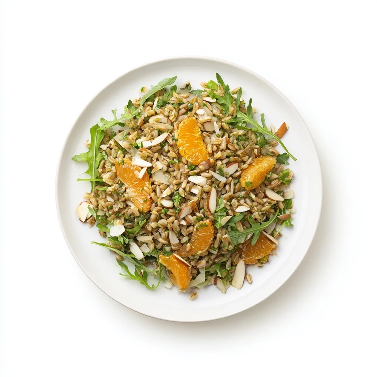 Freshly cooked farro salad with fennel, orange slices, toasted almonds, and arugula tossed in citrus vinaigrette.  