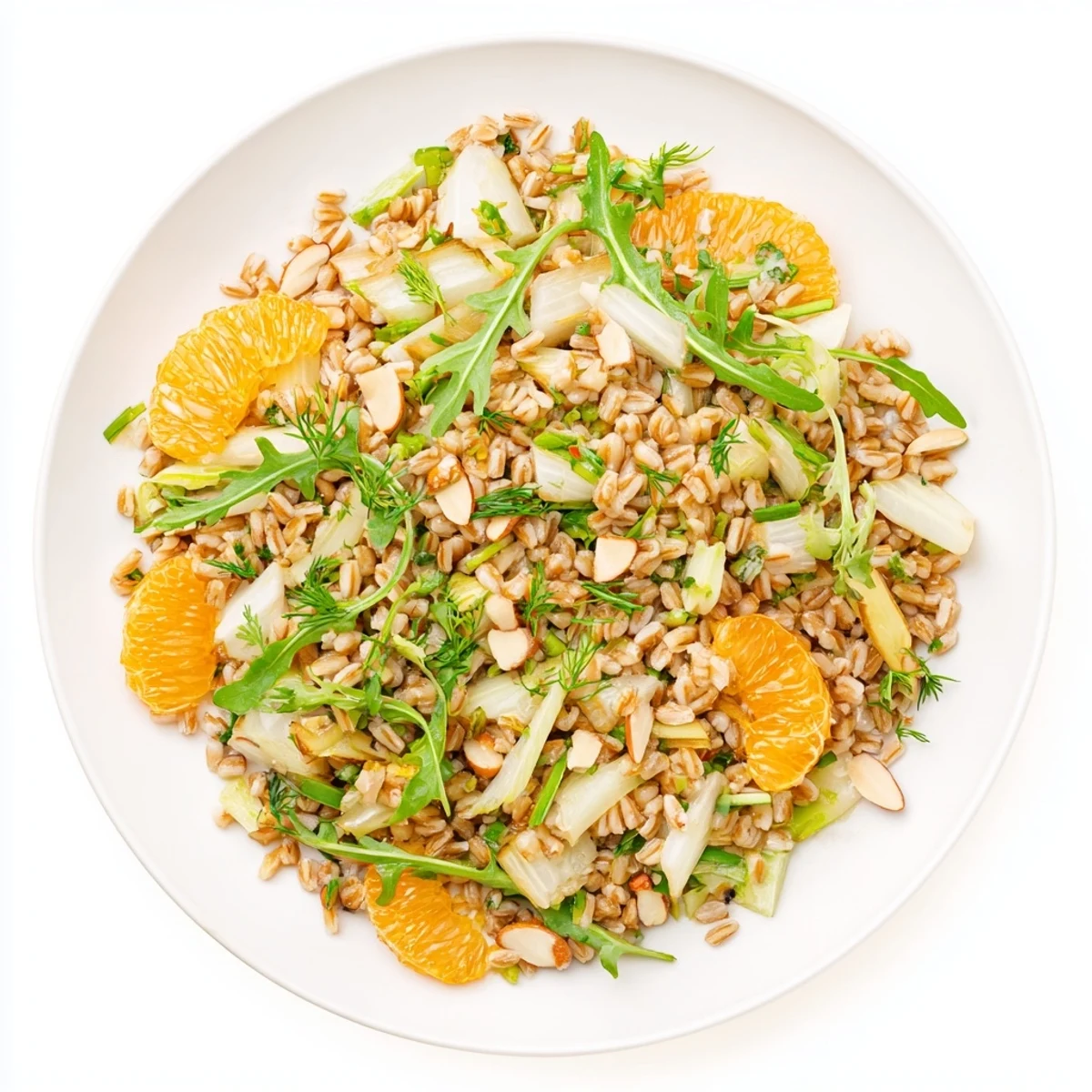 A vibrant Mediterranean Farro Salad With Fennel, Oranges, and Almonds served on a white platter for a refreshing lunch.  