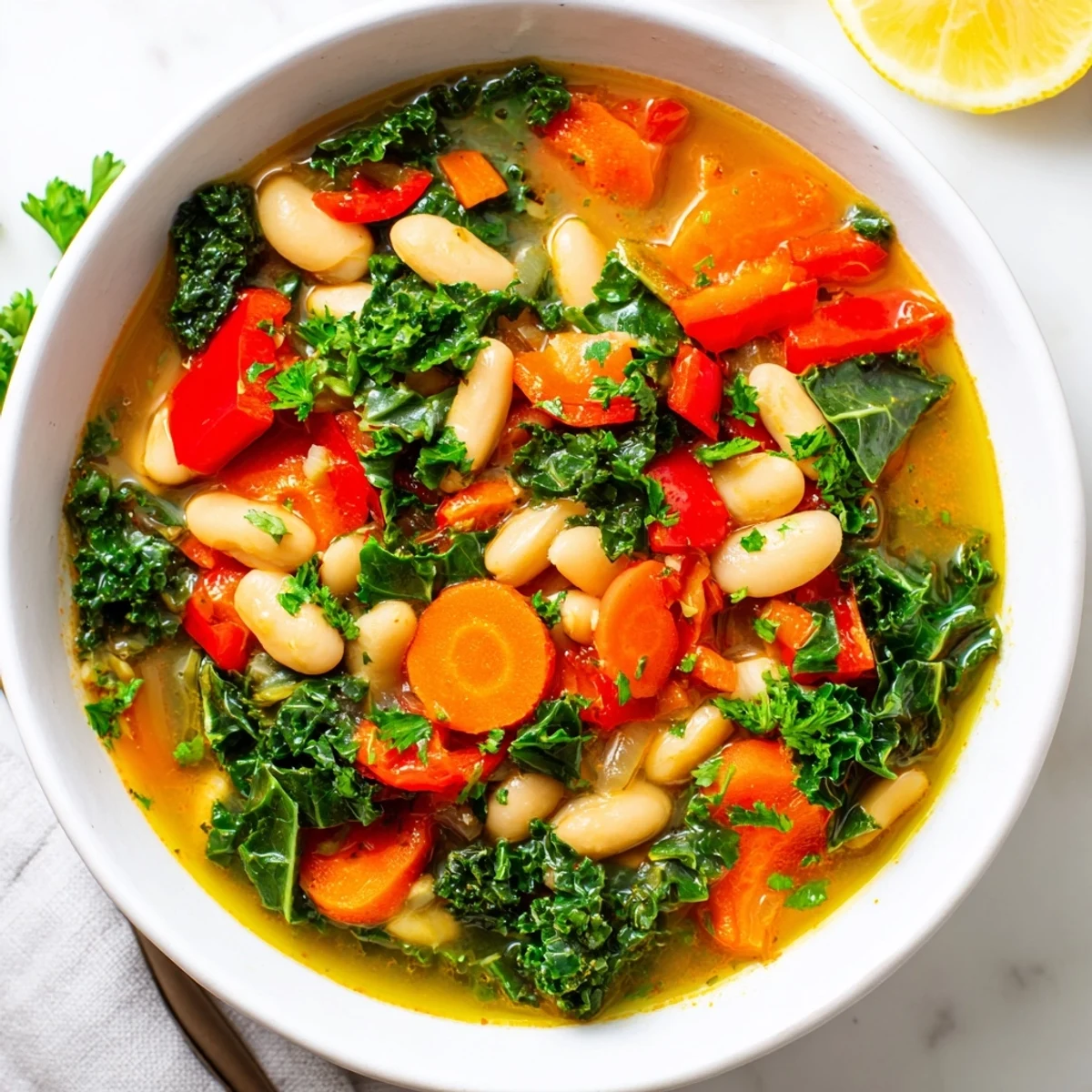 A steaming bowl of Mediterranean White Bean Stew, garnished with fresh parsley and served alongside lemon wedges and crusty bread.
