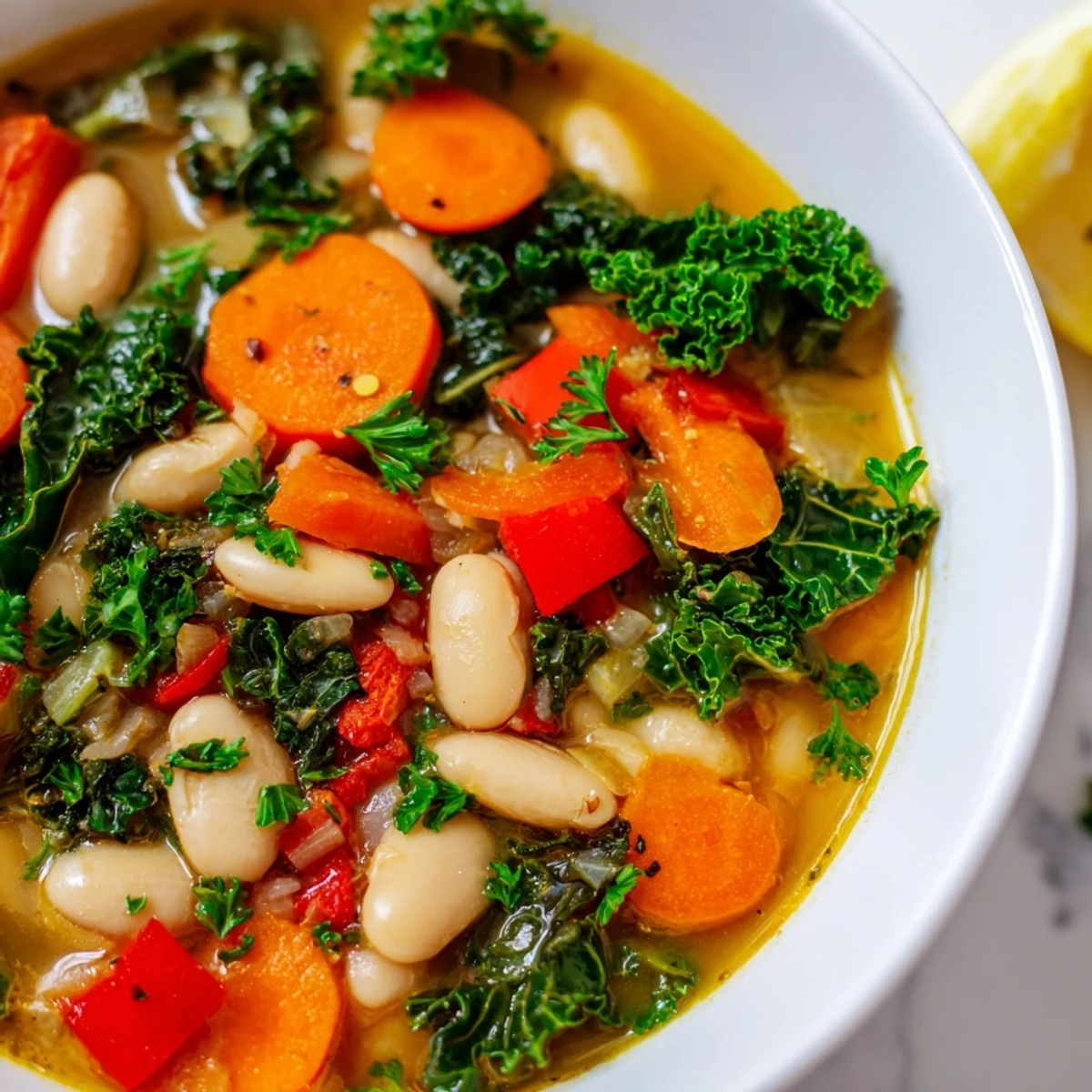 Close-up view of rich Mediterranean White Bean Stew, featuring tender white beans, carrots, and red bell peppers simmered in a savory olive oil broth.