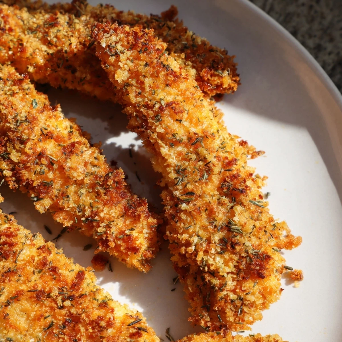 Golden-brown Crispy Panko Chicken Strips arranged on a baking sheet with herbs and a side of dipping sauce.