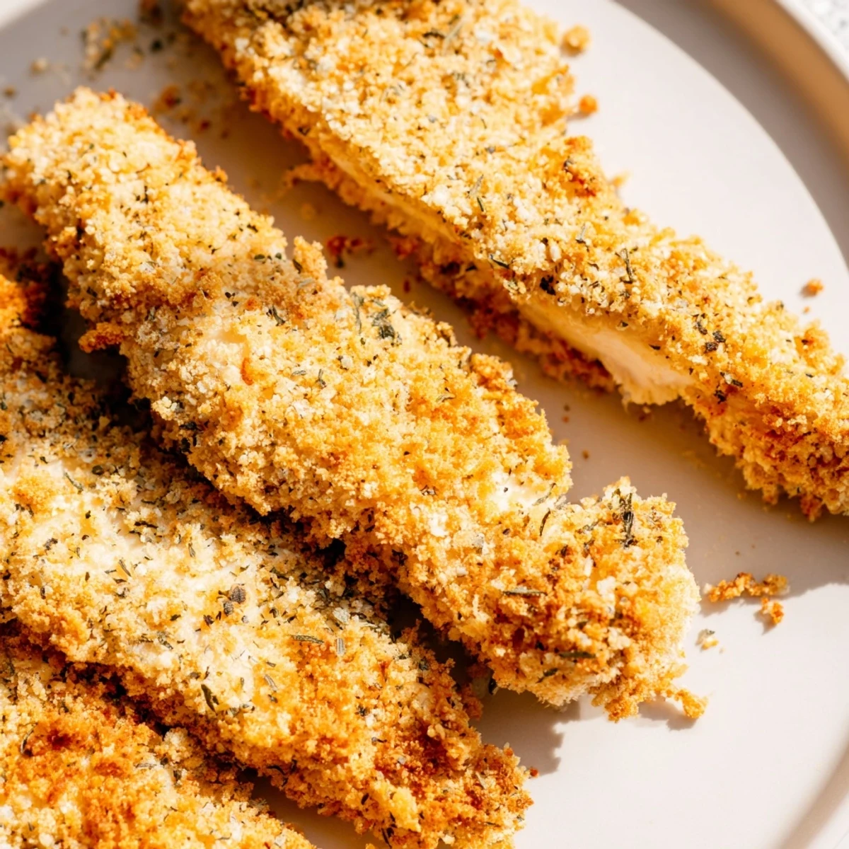 Freshly baked Crispy Panko Chicken Strips served over a green salad with ranch dressing for a family dinner.