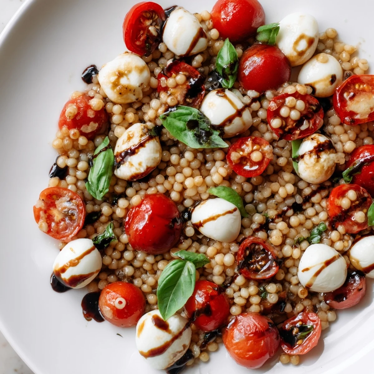 A vibrant Caprese Couscous Salad with juicy tomatoes, mozzarella balls, and fresh basil on a chilled serving platter.  