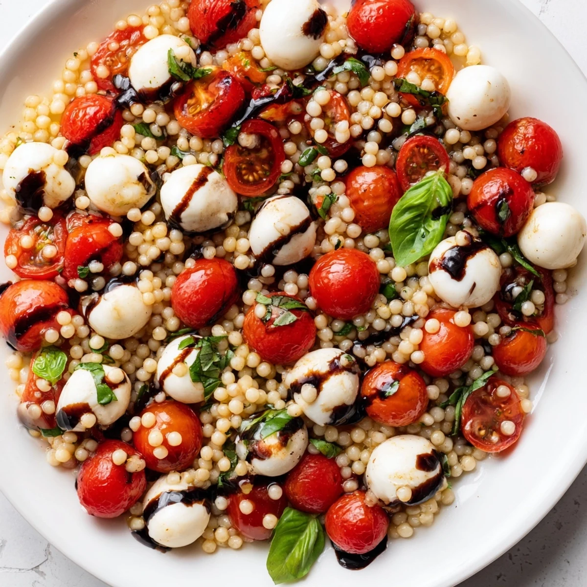Caprese Couscous Salad features fluffy pearled couscous, halved cherry tomatoes, and creamy mozzarella drizzled with tangy balsamic glaze.  