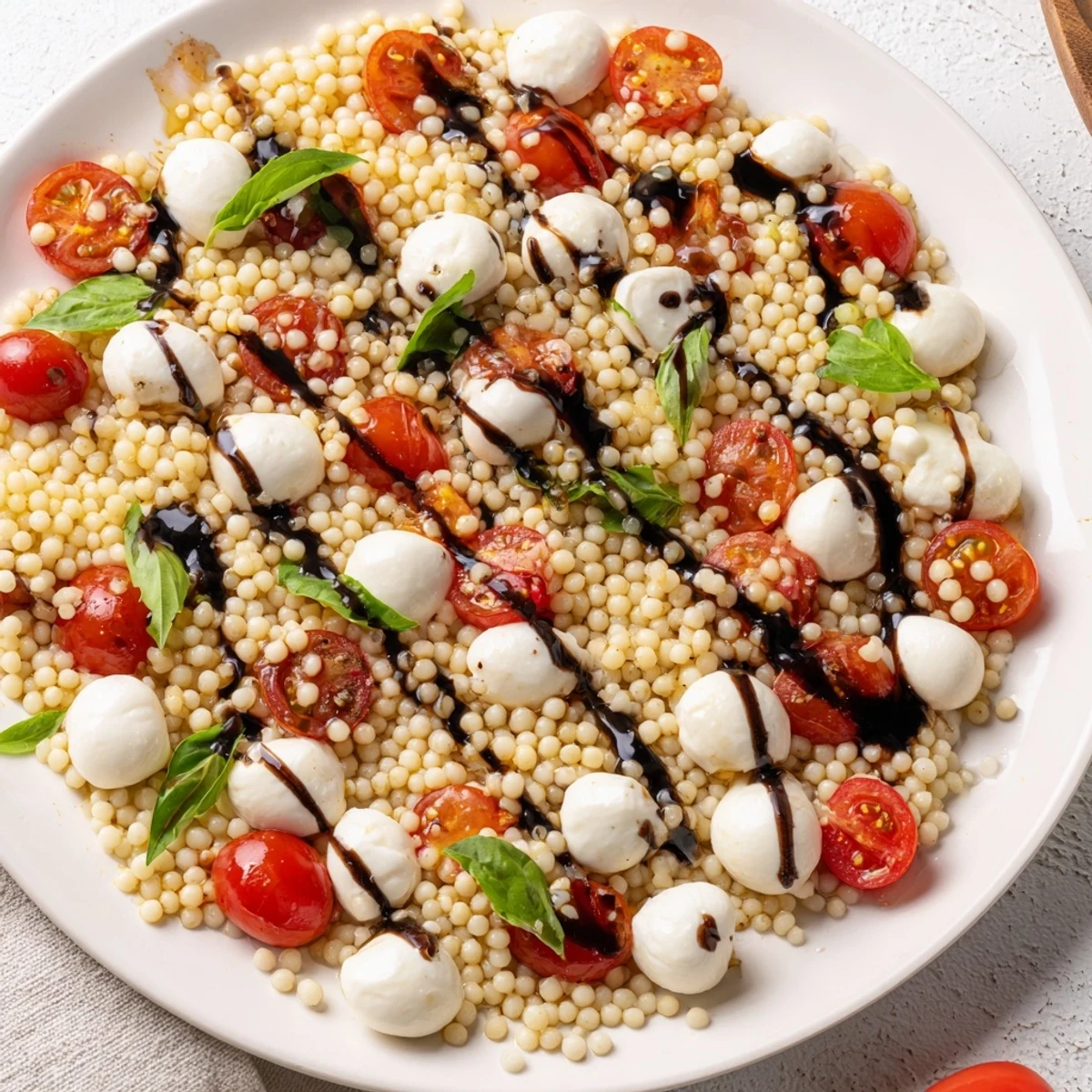 Serve this chilled Caprese Couscous Salad with a sprinkle of fresh basil, perfect for summer potlucks and vegetarian meals.