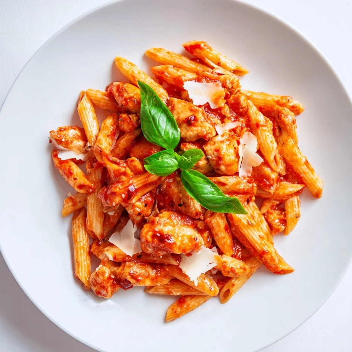 Tender chicken and al dente pasta in a vibrant tomato-basil sauce, garnished with fresh basil and Parmesan.