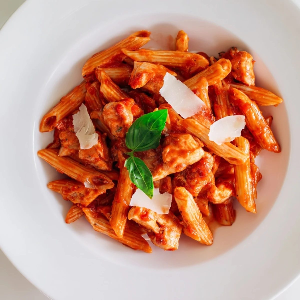 Spoon twirling a bite of Tomato Basil Chicken Pasta, with colorful diced tomatoes, basil, and melted Parmesan.