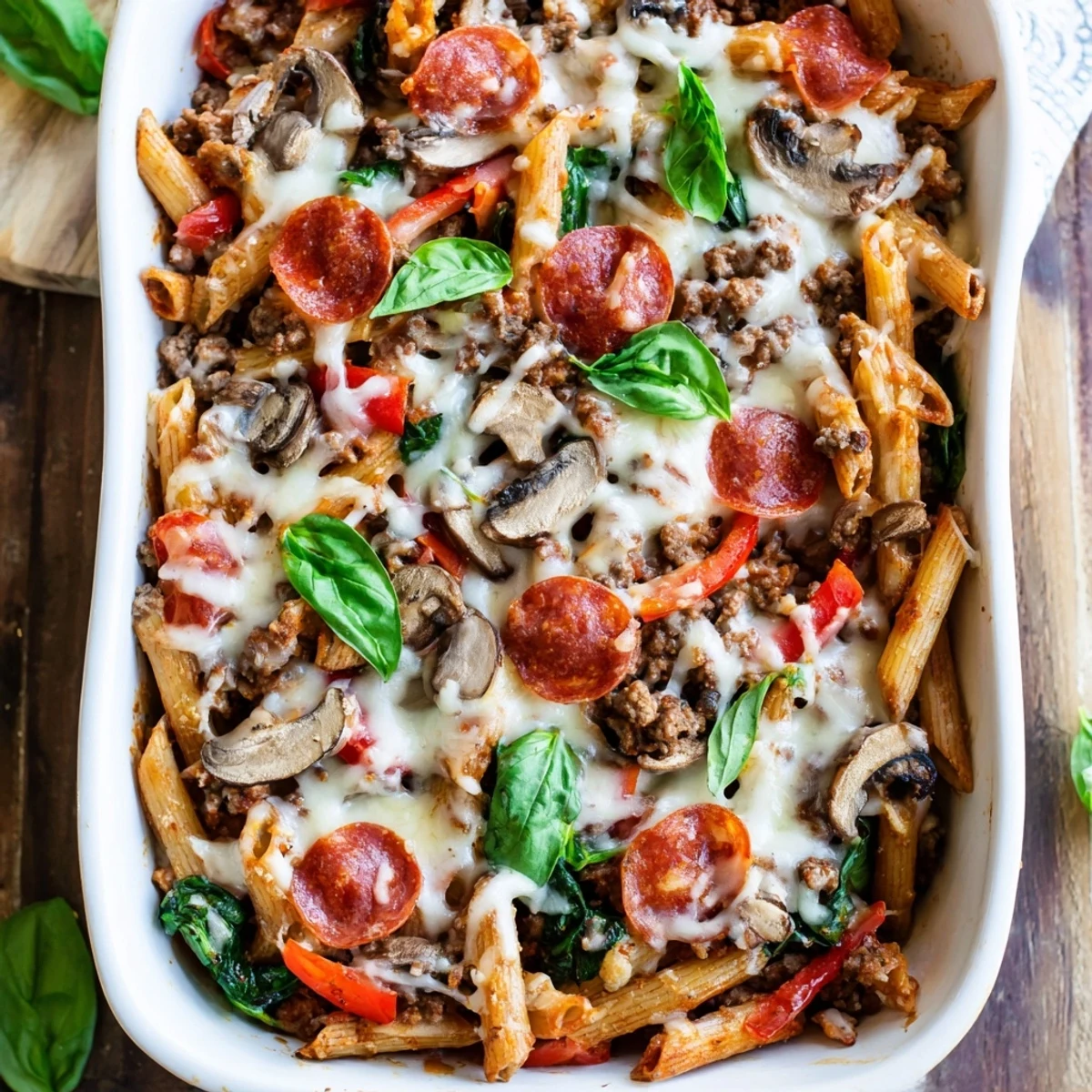 Golden, bubbly mozzarella and Parmesan cheese blankets the baked High Protein Italian Beef and Pasta Bake in a 9x13 dish.
