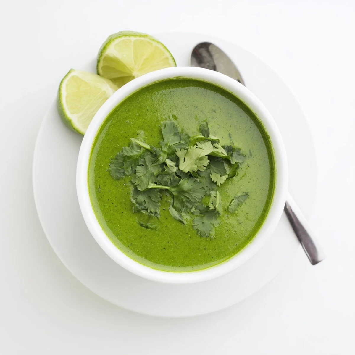 Vibrant green Spinach Coriander Lemongrass Soup served hot in a rustic bowl, garnished with fresh cilantro and lime wedges.