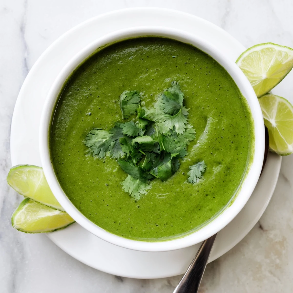 Spinach Coriander Lemongrass Soup in a rustic mug, garnished with cilantro and lime, steam rising above the vibrant green broth.