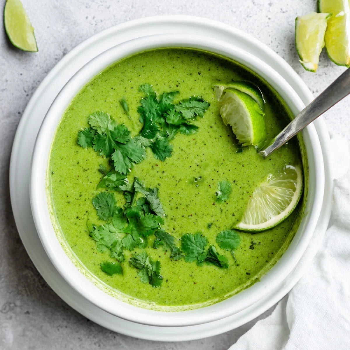 Creamy vegan Spinach Coriander Lemongrass Soup steaming in a white ceramic bowl, with a swirl of coconut milk and cilantro.