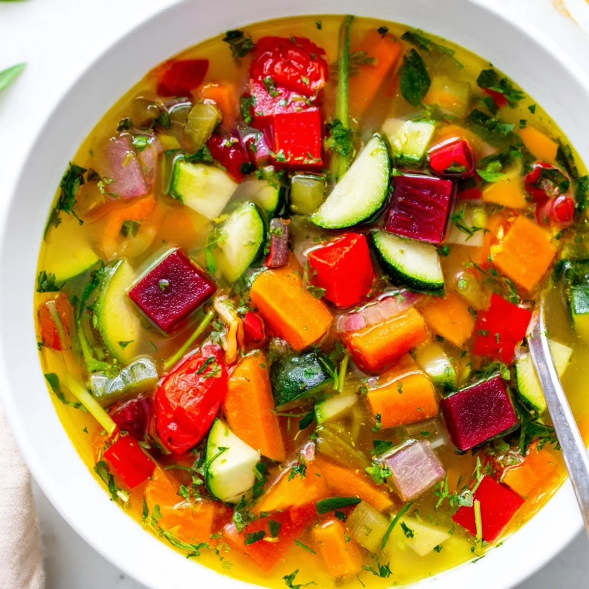 A steaming bowl of Rainbow Vegetable Detox Soup features bright red beets, orange carrots, and green zucchini in a clear broth, garnished with fresh parsley.